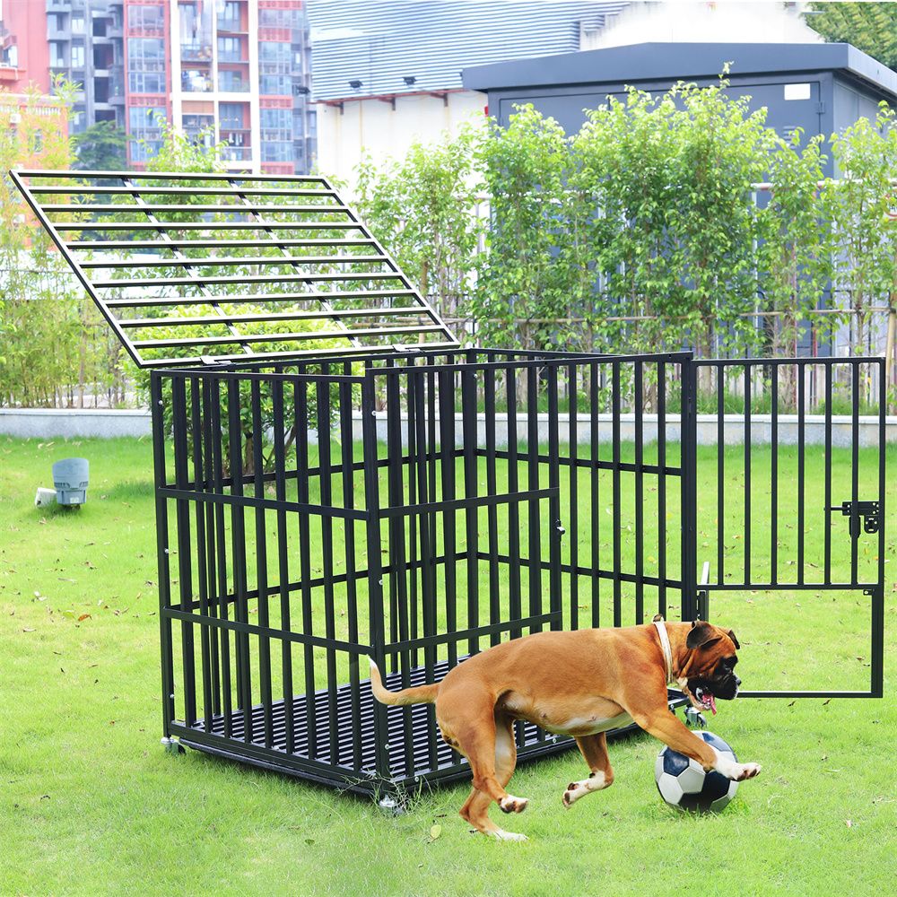 Caixa Grande Reforçada para Cães XXL Gaiola Resistente para Animais de Estimação Tubo Quadrado de Metal Canil Cercadinho com Rodas Traváveis e Bandeja