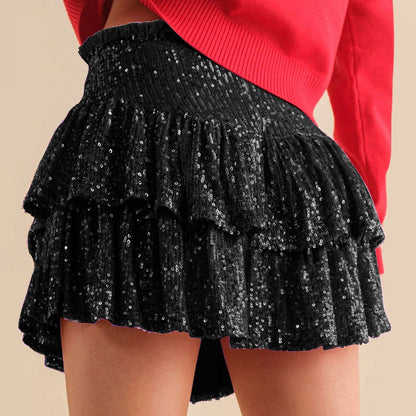 Women's Fashion Short Skirt Solid Pleated High Waist Skirts Classic Sequins Dance Party Sexy All-Match Skirts Plus Size L-3XL