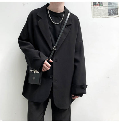 Autumn Men's Casual Solid Color Blazer Korean Style Business Single Trendy Oversize Business Suit Jackets Retro Daily Streetwear