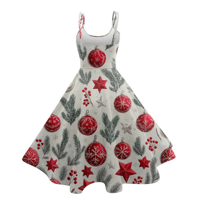High Quality Cute Women's Casual Fashion Round Neck Christmas Print Mid-Length Dress Pretty Sweet Christmas Suspender Dress
