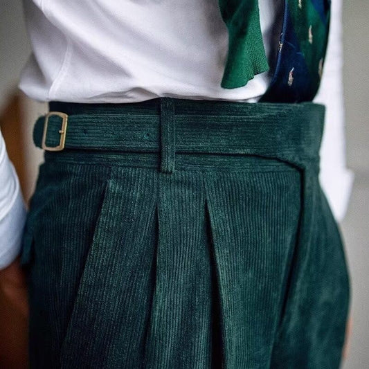 Italian Style Corduroy Naples Suit Pants Men High-waisted Adjustable Belt Straight Trousers Autumn  England Business Casual Pant