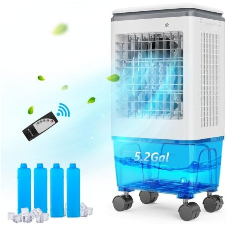 Climatizador Evaporativo ROVSUN 1400CFM com Tanque de Água de 5,2 Gal e 4 Bolsas de Gelo para Uso Interno em Pátios e Garagens - Climatizador Portátil