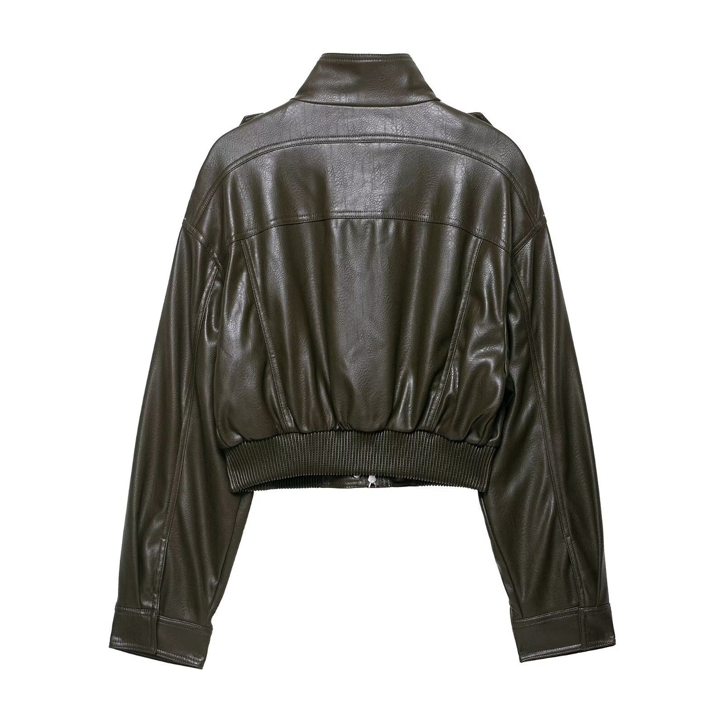 HH Women Large Front Pocket Jacket Vintage Solid Turtleneck Long Sleeve Zipper Faux Leather Jacket Fashion High Street Lady Coat