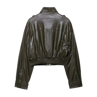 HH Women Large Front Pocket Jacket Vintage Solid Turtleneck Long Sleeve Zipper Faux Leather Jacket Fashion High Street Lady Coat