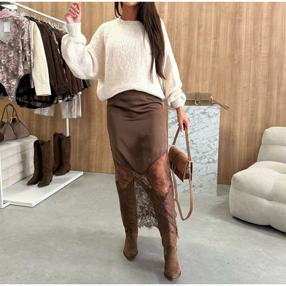 Women Elegant Patchwork Lace Skirts Fashion High Waist Slim Hollow Out Maxi Skirts 2025 Autumn Lady Brown Party Club Skirt