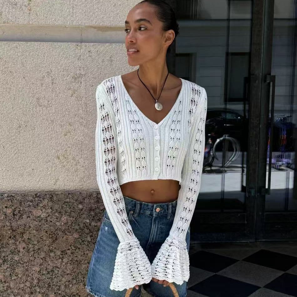 TARUXY Hollow Knitted Cardigan Women's Solid Long Sleeve V Neck Short Sweater Top Summer 2025 New Female Crochet Casual Outwear