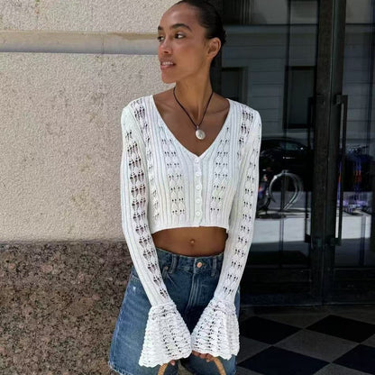 TARUXY Hollow Knitted Cardigan Women's Solid Long Sleeve V Neck Short Sweater Top Summer 2025 New Female Crochet Casual Outwear