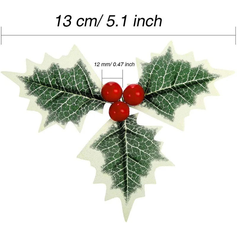5-100Pcs Artificial Holly Berry Green Leaves Christmas Ornaments Gold Red Holly Berry Stems Xmas Tree Wreath Gifts Party Decor