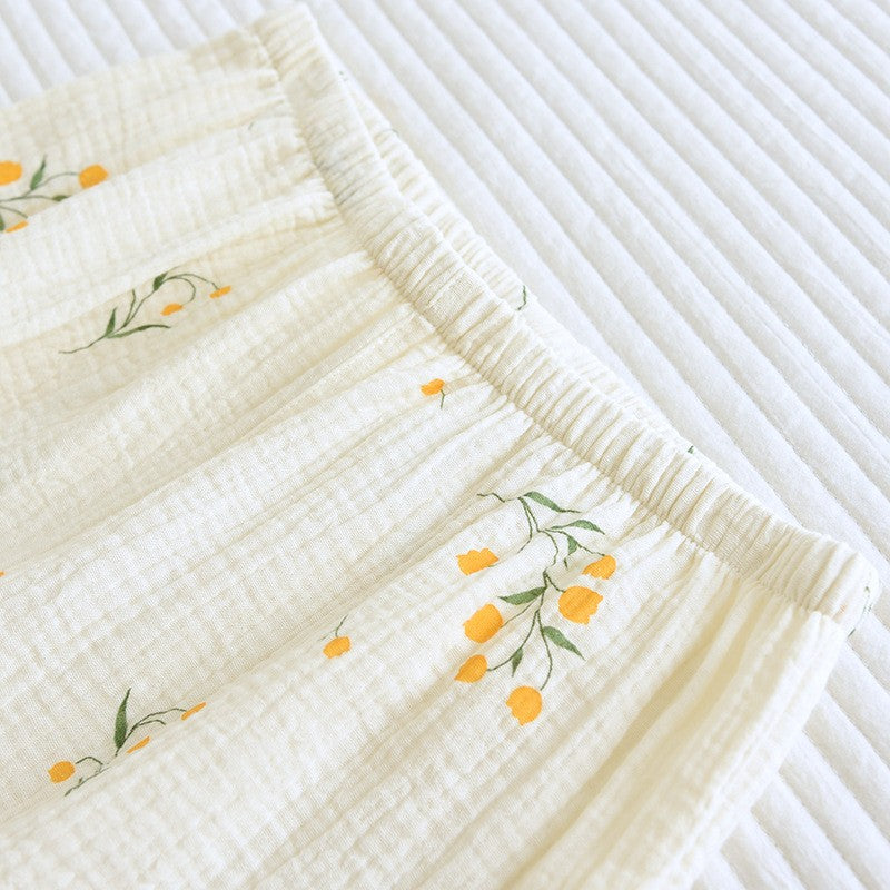 New summer women's cotton crepe three-piece short sleeve + shorts + trousers large size simple flower pajamas home service suit