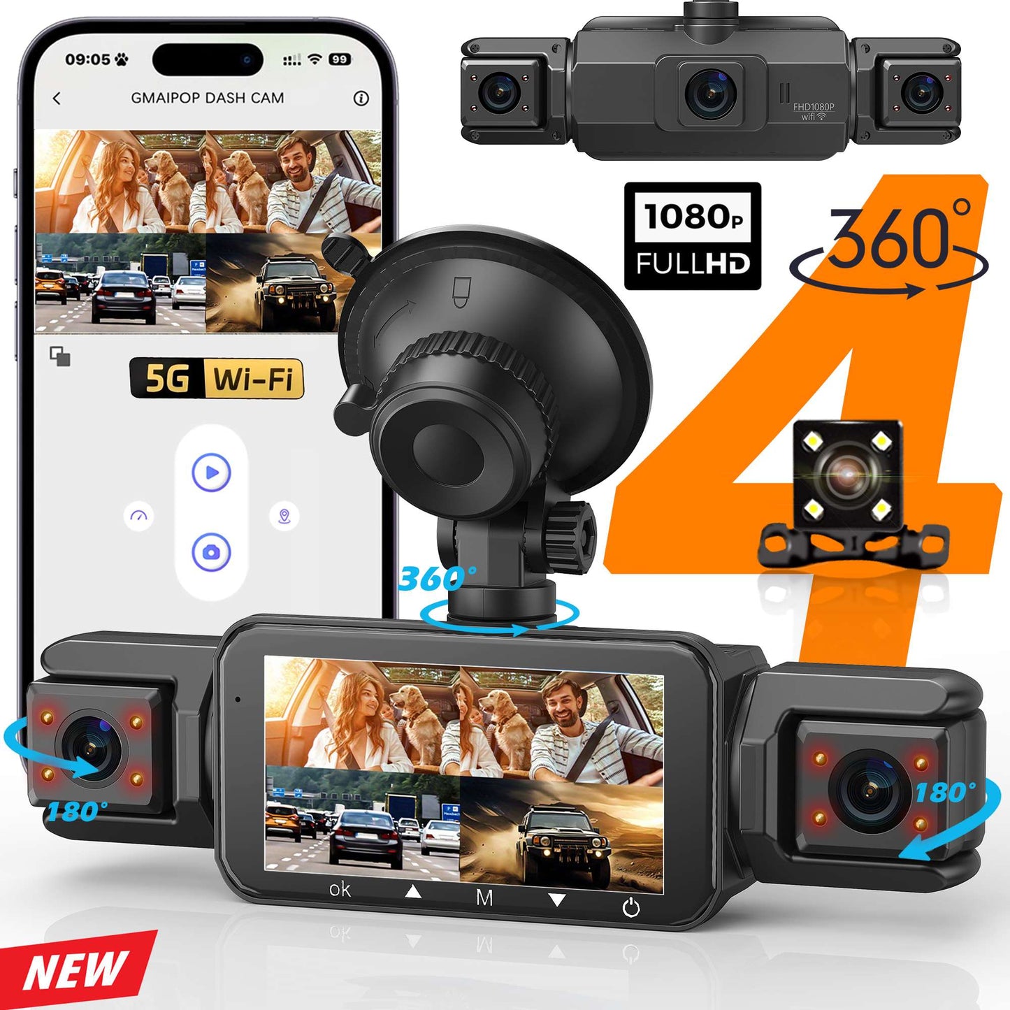 Câmera automotiva (Dashcam) 4 canais Black Box WiFi Câmera de condução FHD 1080P Visão Noturna Gravação em Loop adiciona kit de fiação acessórios automotivos