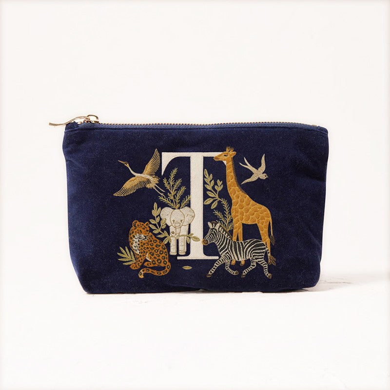 Velvet Clutch Makeup Bag Featuring Cute Animal Alphabet Print