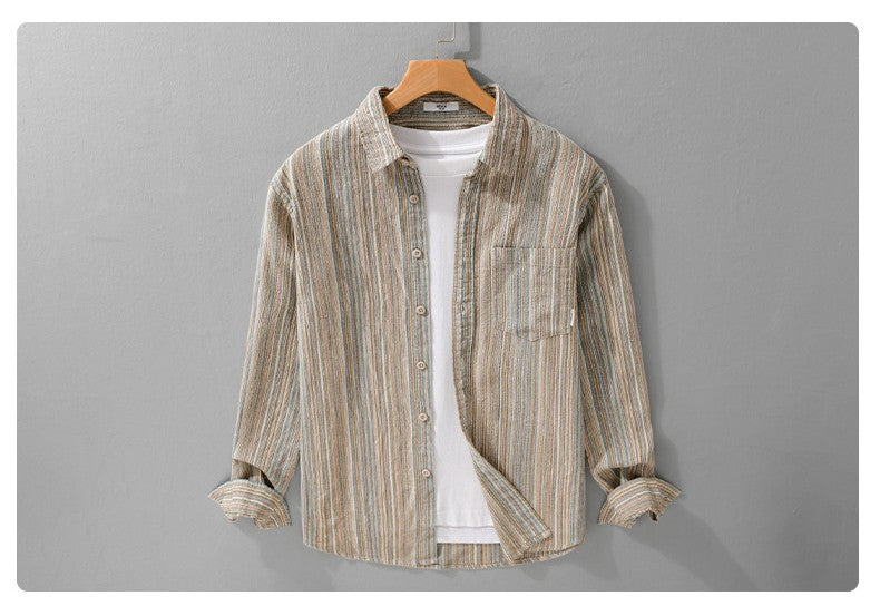 6158 Spring Fashion Japan Style Vintage Stripe Simple Cargo Shirt for Men Good Quality Cotton Long Sleeve Slim Fit Casual Blouse
