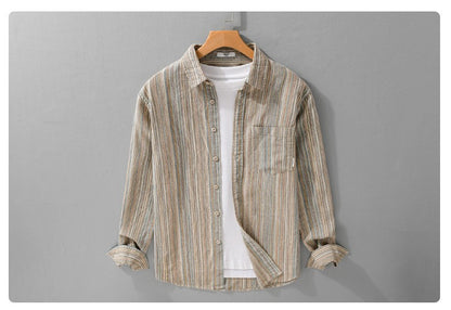 6158 Spring Fashion Japan Style Vintage Stripe Simple Cargo Shirt for Men Good Quality Cotton Long Sleeve Slim Fit Casual Blouse