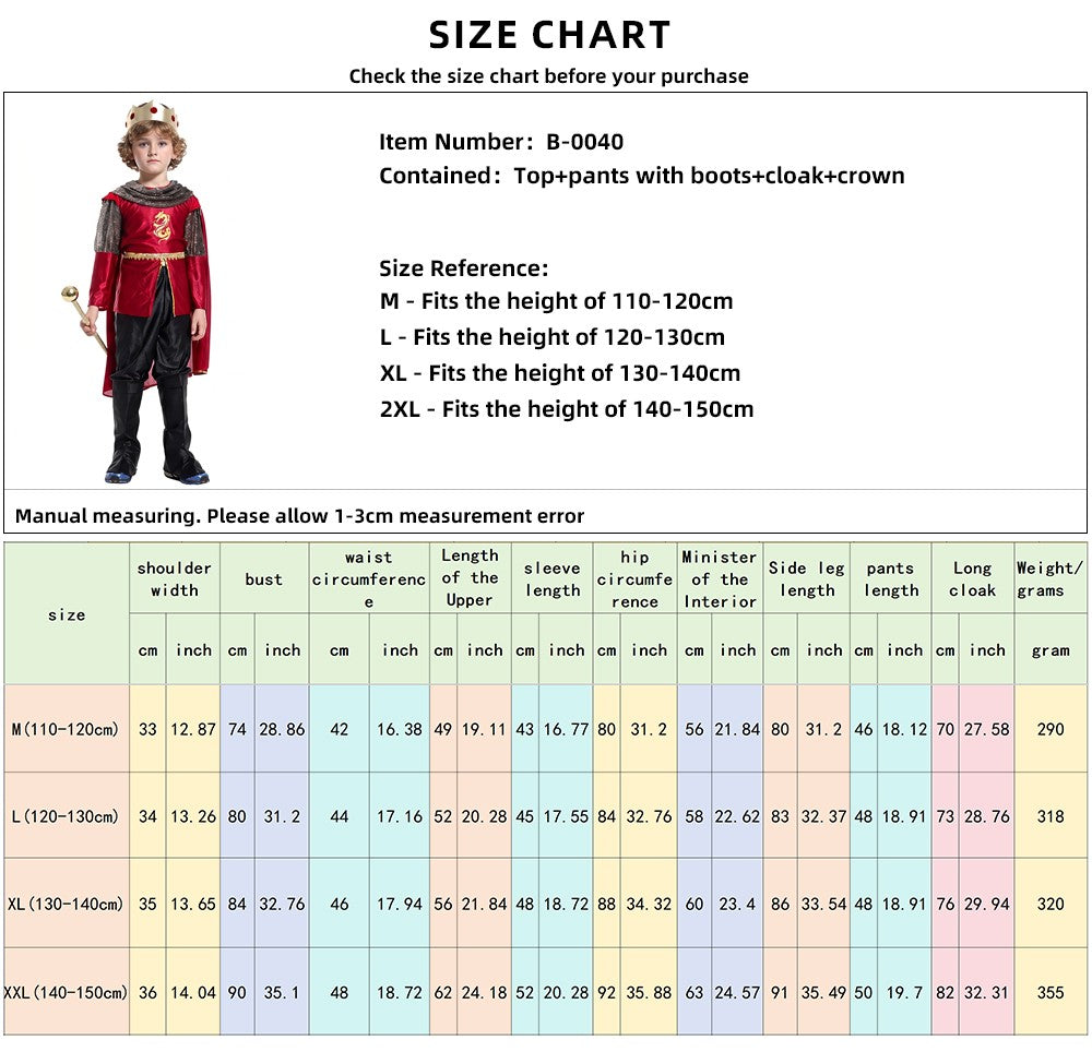 Boy King Prince Role Playing Costume Royal Set Prince Crown Cloak Halloween Birthday Makeup Party Gorgeous Dress Up No scepter