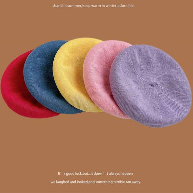 Women's Summer Beret Hat Cotton Breathable Knit Slouchy Beanie Solid Color French Retro Fashion Cap for Women Casual Outfit