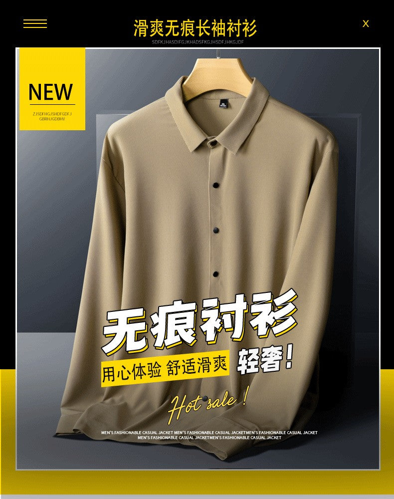 Stretch Elastic Stripe Men's Shirt Long Sleeve Classic Blouse Male Elegant Work Big Size Plus Large High Quality Ice Silk Social