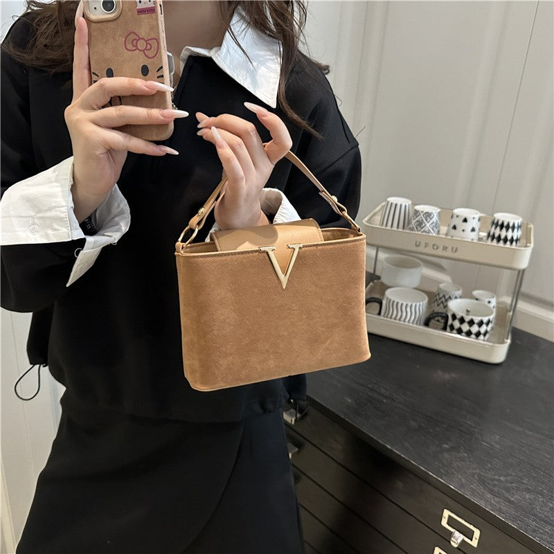 Fashionable Mini Suede Women's Bag, Faux Suede Tote Bag, Hardware Lock Buckle Decoration Handbag Purse Shoulder Cross Body Bags
