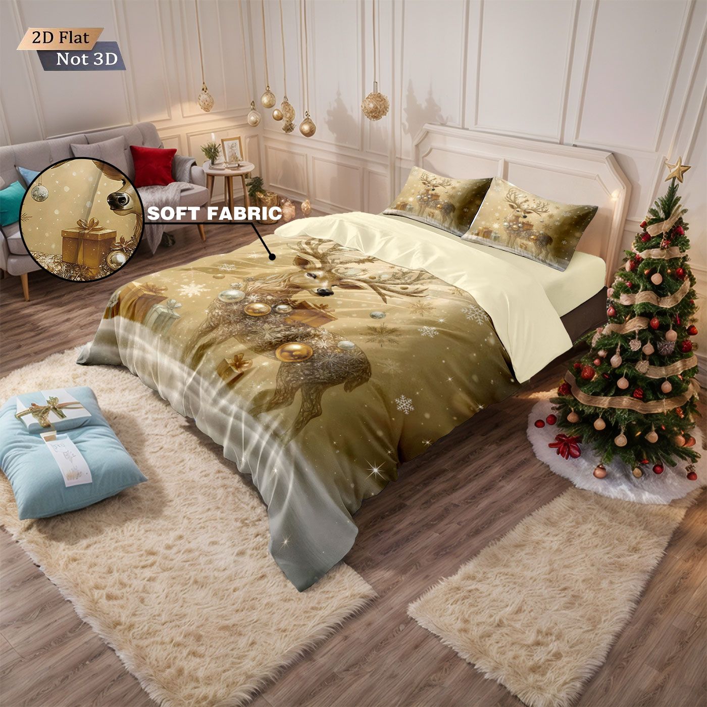 Conjunto de edredom sem enchimento 3 peças com estampa de cervo dourado de Natal, vários tamanhos, roupa de cama para quarto, decoração de feriado, macio e lavável à máquina