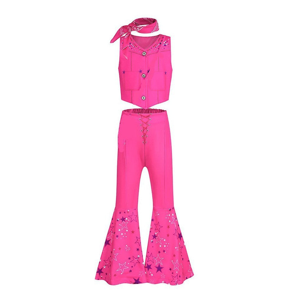 Halloween Hot Movie Margot Robbie Cosplay Baby Pink Plaid Sleeveless Slim Strap Dress Western Cowboy Outfit Full Set
