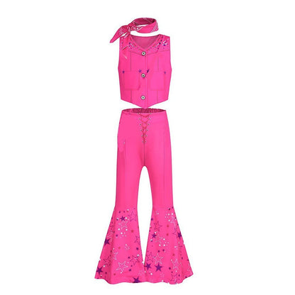 Halloween Hot Movie Margot Robbie Cosplay Baby Pink Plaid Sleeveless Slim Strap Dress Western Cowboy Outfit Full Set