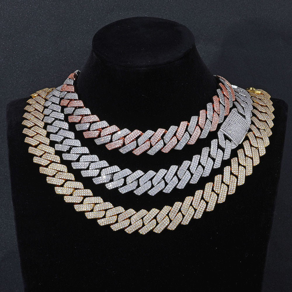 NUOYA High-Quality Hip-Hop Jewelry 20mm Jewelry Ice Necklace Diamond Three Rows Of Zircon Thick Cuban Chain Men's Necklace