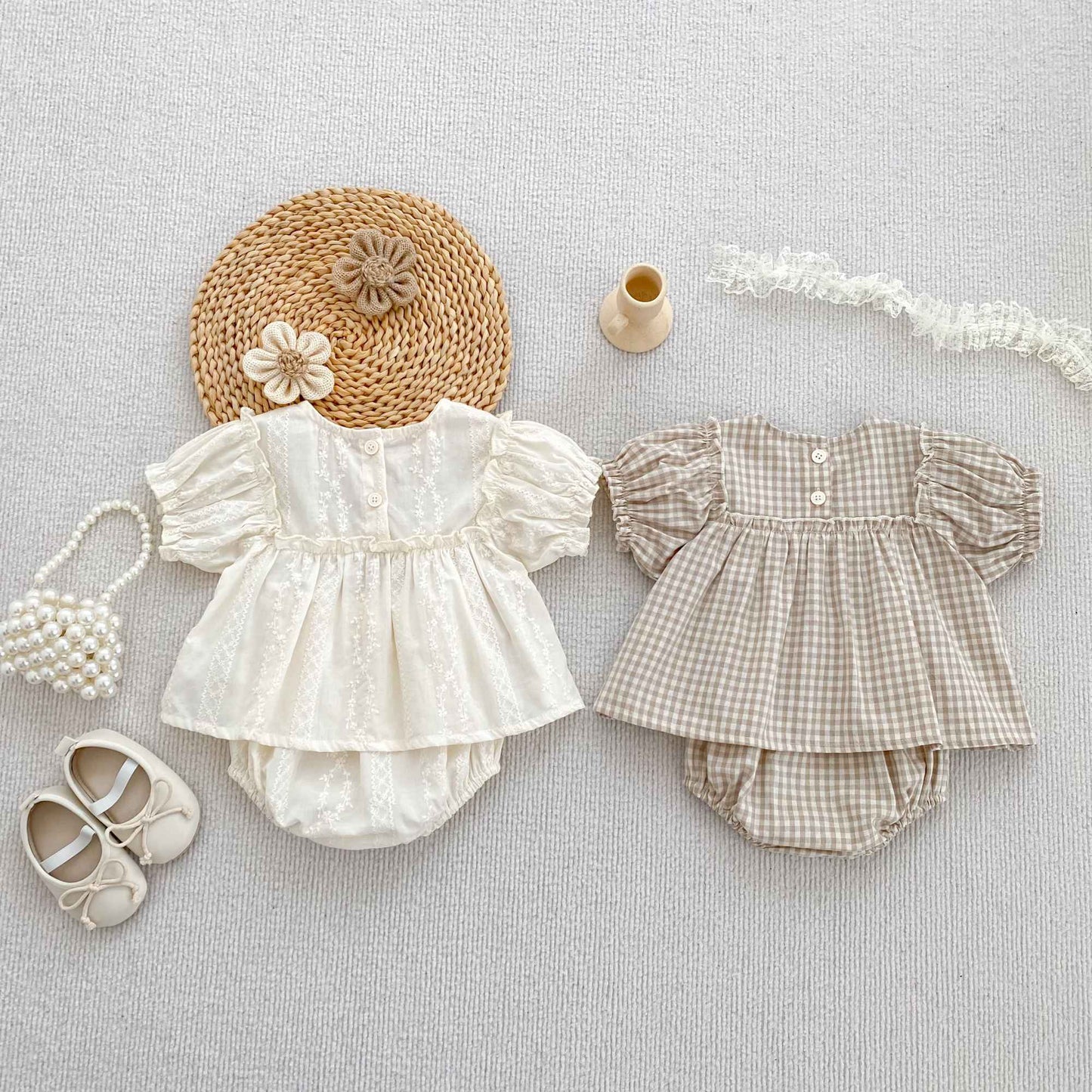 Girls Summer Fashion Set Children's Embroidered Grid Puff Sleeve Top+Shorts Two Piece Cute Baby Girls Clothes Set Baby Clothes