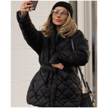 Solid Lapel Lace Up Cotton Coat Women Fashion Long Sleeve Warm Loose Pocket Short Coats Lady New Winter Commute Street Outwears