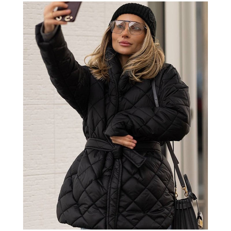 Solid Lapel Lace Up Cotton Coat Women Fashion Long Sleeve Warm Loose Pocket Short Coats Lady New Winter Commute Street Outwears