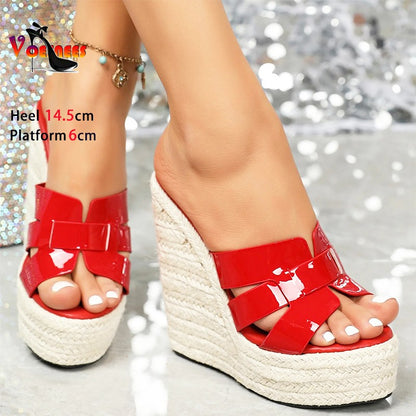 Lady Super High Heels Rice Straw Weave Women Platform Shoes Outside Summer Thick Sole Casual Sandals 14.5CM Wedges Heel Slippers