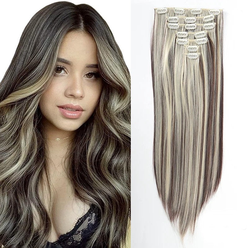 Extensões de Cabelo com 7 Presilhas, Longo, Liso, Rosa, 60CM, Cabelo Sintético Natural, Uso Diário, Aplique para Mulheres
