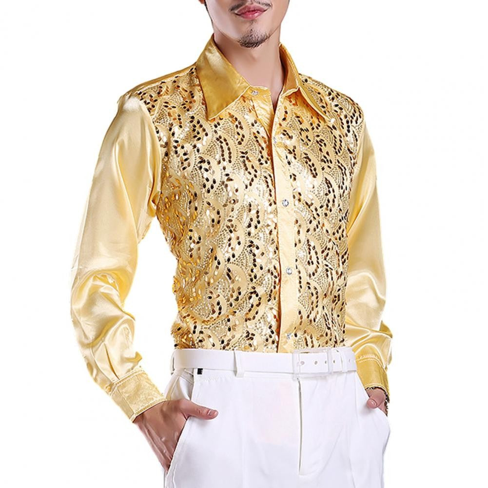 Men Sequins Shirt Adult Lapel Long Sleeved Dance Performance Shirt Costume Wedding Stage Shirt Slim Fit Casual Men Shirts Tops