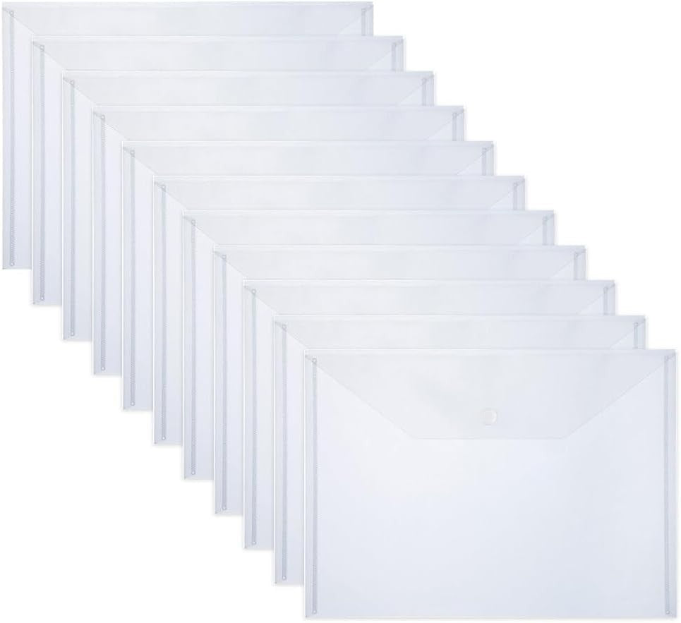 10 PCS Plastic Folders for Document, A4 Size Plastic Envelopes with Snap Closure, Clear File Folders Bags for School Office