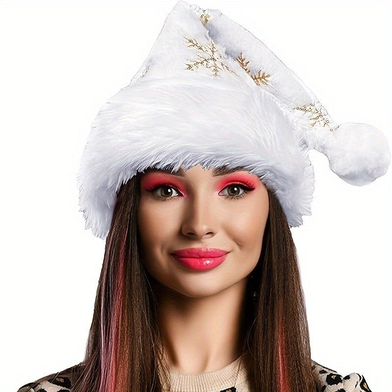 Chapéu de Natal floco de neve branco, decoração de Natal, chapéu de Natal bordado dourado felpudo, fantasia de festival de Natal, sacola de presente
