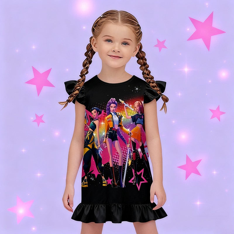 K-POP Demo Hunte Printed Sleeping Skirt Big Butterfly Sleeve Loose Pajamas Children Girls Sleeping Clothing Casual Home Wear