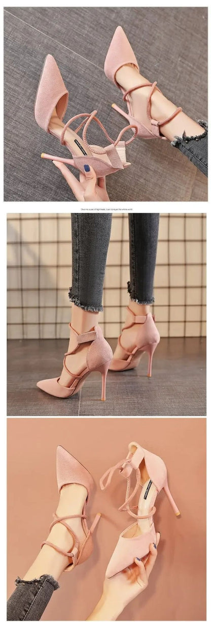 2024 New Cross-strap Roman Sandals Suede High Heels Women's Shoes One-line Buckle Fine Heel Pointed Sandals Zapatos De Mujer