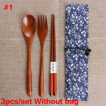 Spoon Fork Chopsticks Portable Tableware Wooden Cutlery Sets Travel Dinnerware Suit Environmental with Cloth Pack Gift