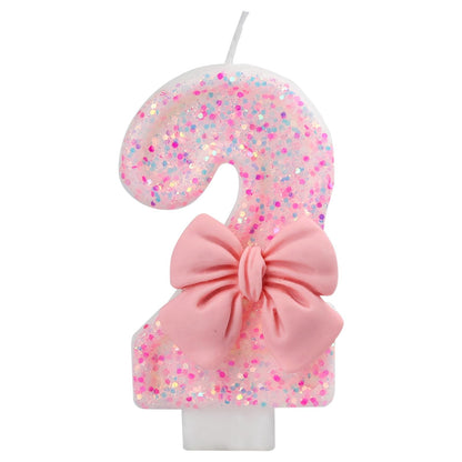 Pink Bow Number Candle Glitter Candle Cake Topper 0-9 for Birthday Anniversary Party Cake Decoration Gifts