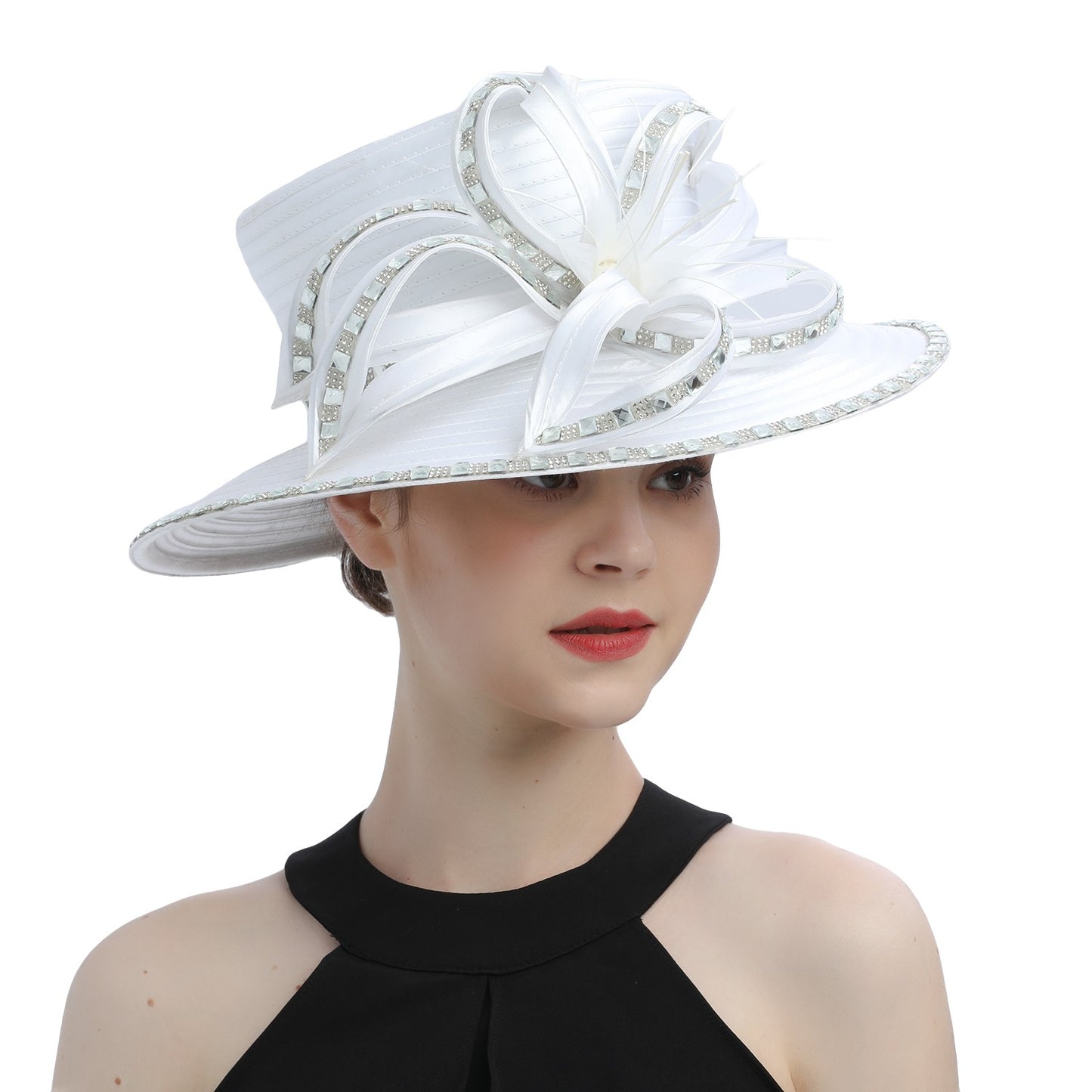 Deluxe New White Church Hat Party Banquet Satin Cloth Photography Hats Premium Chains Formal Hat Flower Top Cap For Women Ladies