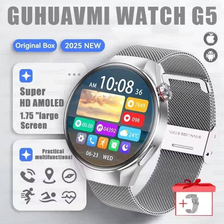 Smartwatch 2025 Original G5 Plus, Tela AMOLED HD de 1,75", Rastreamento GPS, Frequência Cardíaca, Chamada Bluetooth, Bússola para Homens