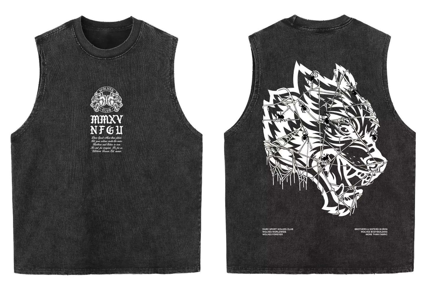 2025 summer American vintage Washed men's T shirt Wolf Head Print Tank Top Gym Fitness Sleeveless T shirt Exercise Vest Women