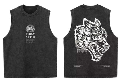 2025 summer American vintage Washed men's T shirt Wolf Head Print Tank Top Gym Fitness Sleeveless T shirt Exercise Vest Women