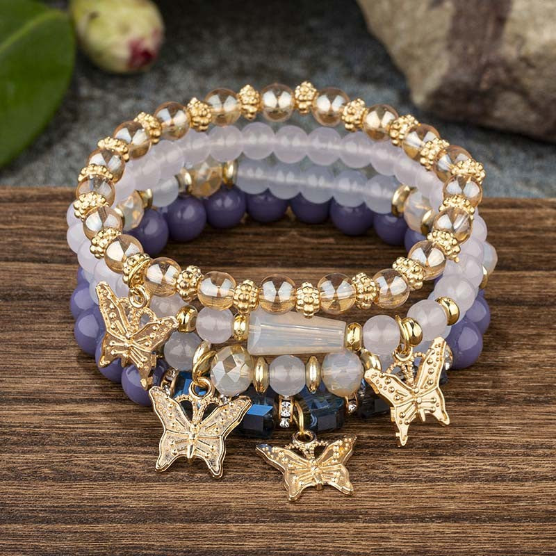Conjunto de Pulseiras Femininas Boho com 4 Peças, Borboleta, Cristais e Miçangas, Joias da Moda, Presente para Festas