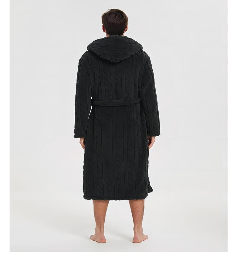 New American Cotton Velvet Jacquard Hooded Men's Dressing Gown with Fleece Thickened Autumn and Winter Couple Dressing Gown