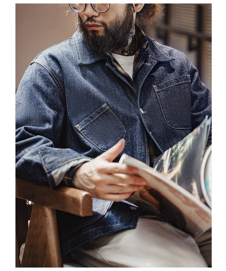 Maden Vintage Asymmetrical Four-pocket Design Denim Coat for Men 14OZ Single-breasted Turn-down Collar Jacket Autumn Work Coat