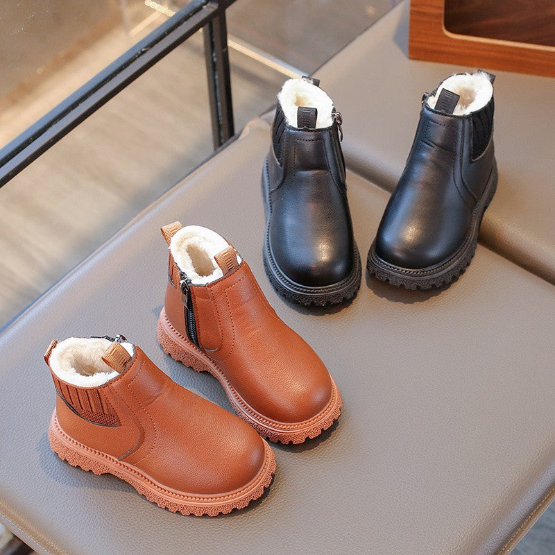 21-30 Kids Ankle Boots for Little Boys Girls Thermal Snow Boots Fashion PU Leather Children Short Rubber Boots with Thick Plush