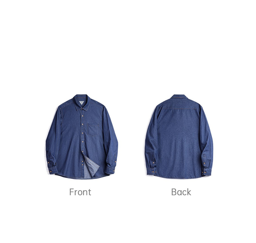 Maden Men Vintage Single Pocket Workwear Denim Shirt Long Sleeved Slim Fit Casual Shirt Single Breasted Turn-Down Collar Blouse