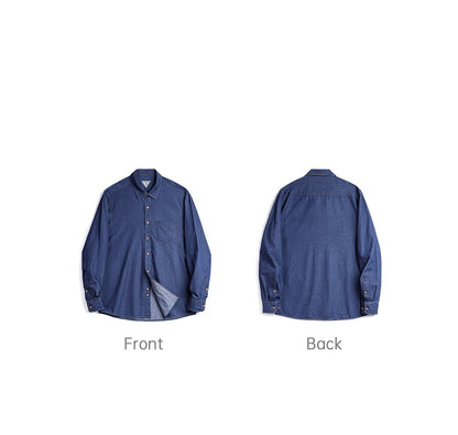 Maden Men Vintage Single Pocket Workwear Denim Shirt Long Sleeved Slim Fit Casual Shirt Single Breasted Turn-Down Collar Blouse