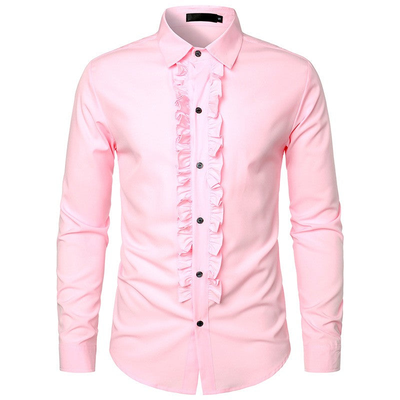 New 2025 Men's Long Sleeve Tuxedo Shirts Fashion Party Wedding Male Dress Shirts Ruffle Pleated Design Solid Shirt Chemise Homme