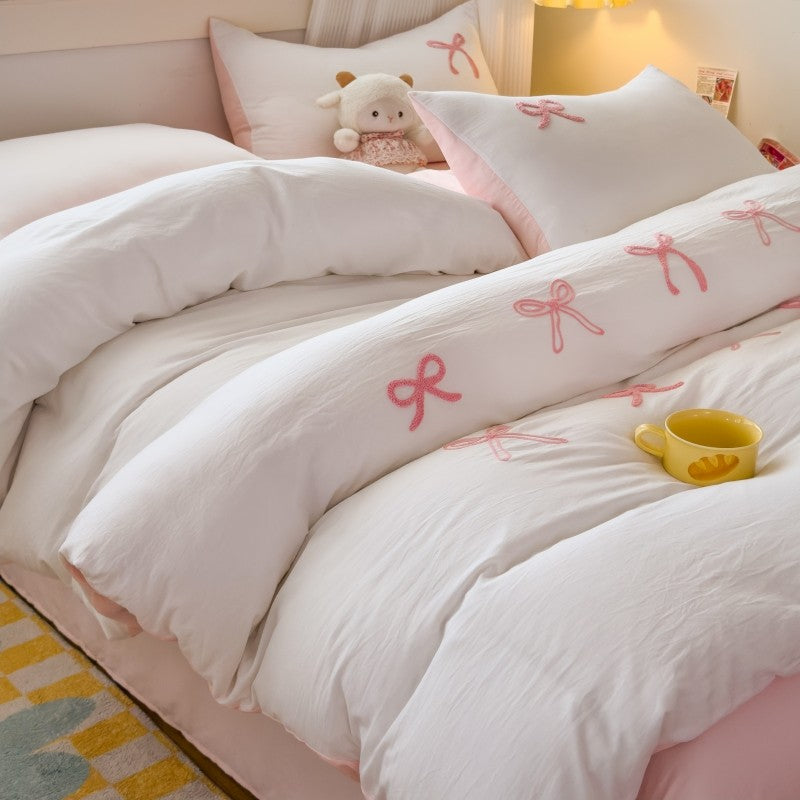3 Piece Sheet Set  pink bowknot embroidery duvet cover Set ? comfortable Bedding Set Bedspread for All Season