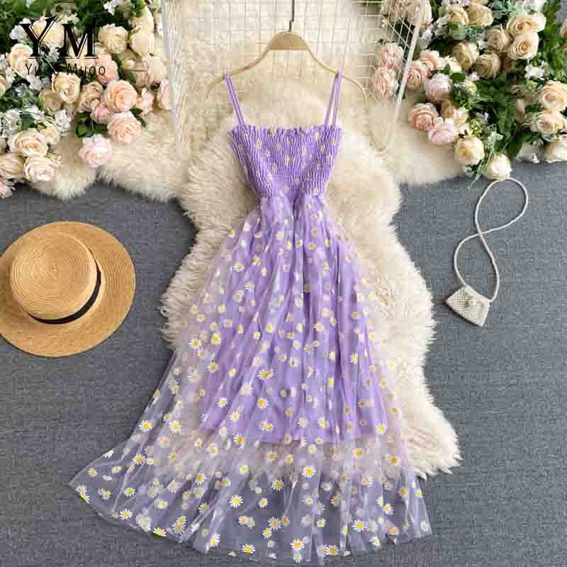 YuooMuoo Korean Fashion Daisy Flower Print Mesh Party Dress Summer Two Layers Sp